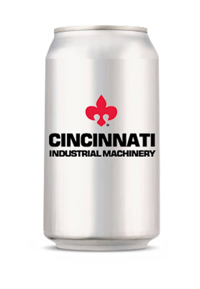 Cincinnati Industrial Machinery Commercial Parts Washers Logo on Silver Aluminum Can Transparent Background